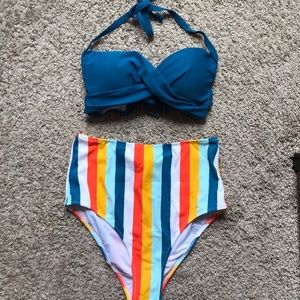 Cupshe High-Waisted Solid Blue & Summer Stripe